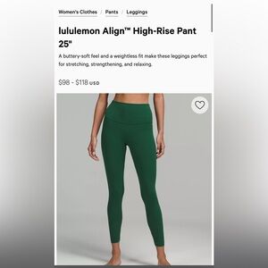 Lululemon align 23” olive green size 4